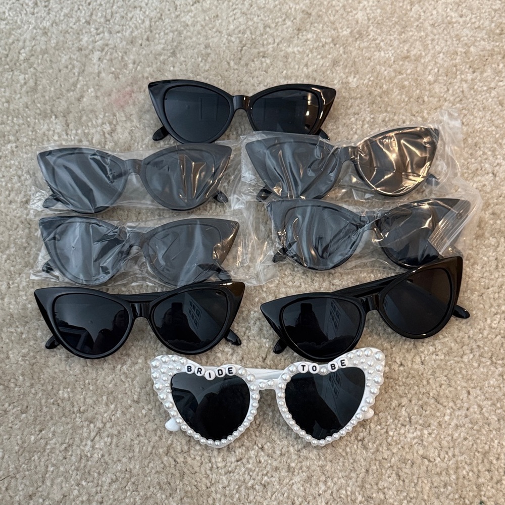 Black Cat Eye Sunglasses Pack with White Pearl 'Bride to Be' Heart Sunglasses